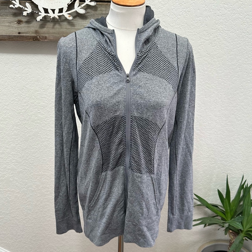 Zella gray seamless full zip hooded lightweight stretchy jacket ladies Large